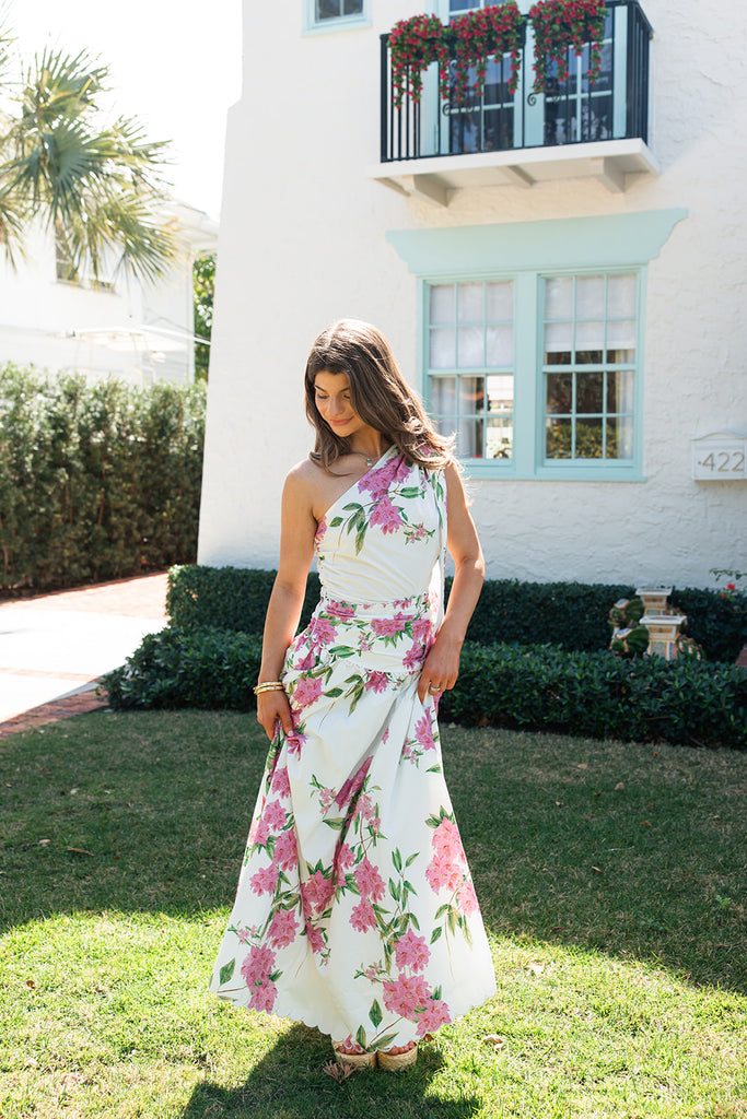 one shoulder resort dress S Fuchsia Pink One-Shoulder Cutout Cotton Maxi Dress  Tropical Sunset Maxi Dress